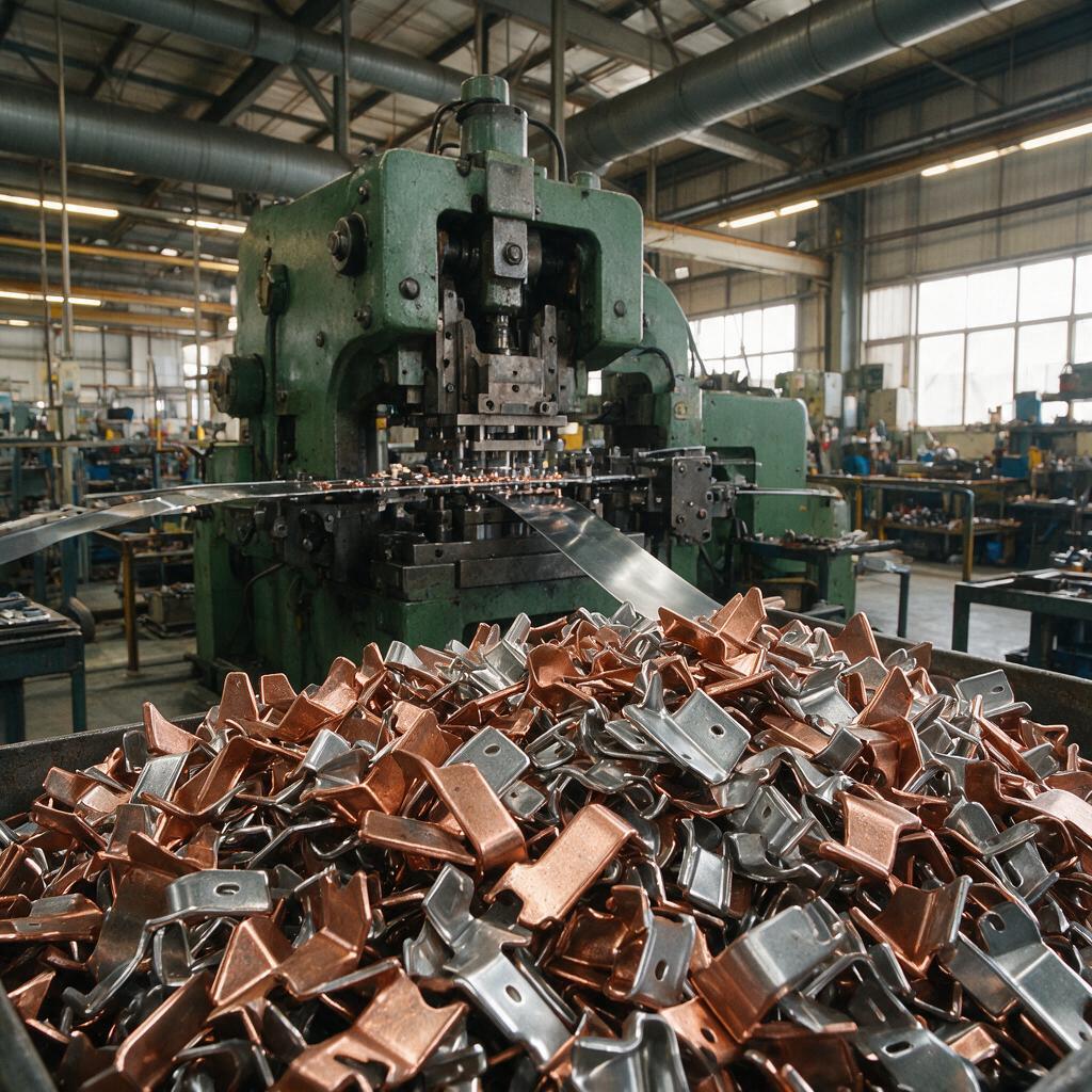 Stamped sheet metal brackets and clips from a progressive die press