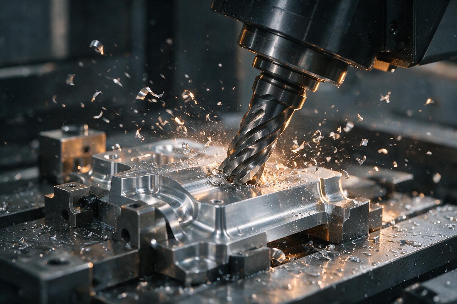 5-axis CNC machine cutting a precision aluminum component at Sunmy Hardware