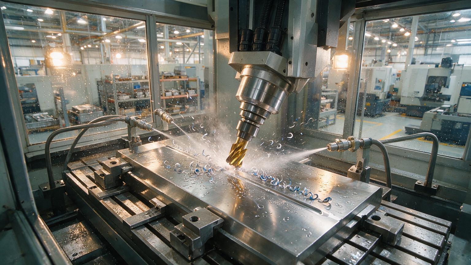 CNC milling machine cutting stainless steel with chips flying