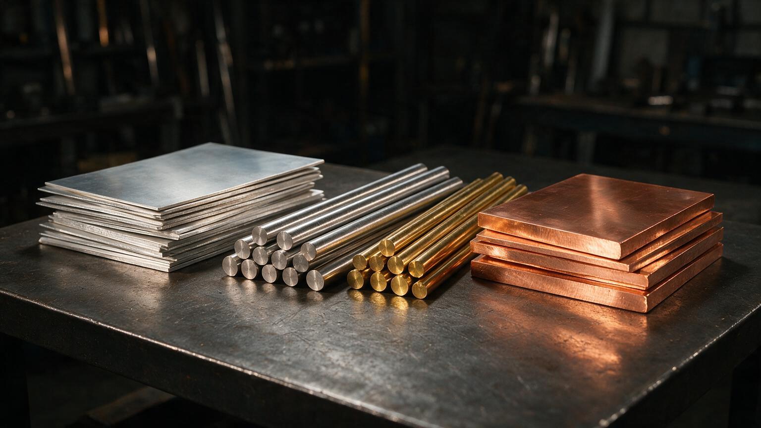 Aluminum, stainless, brass and copper stock on a workbench