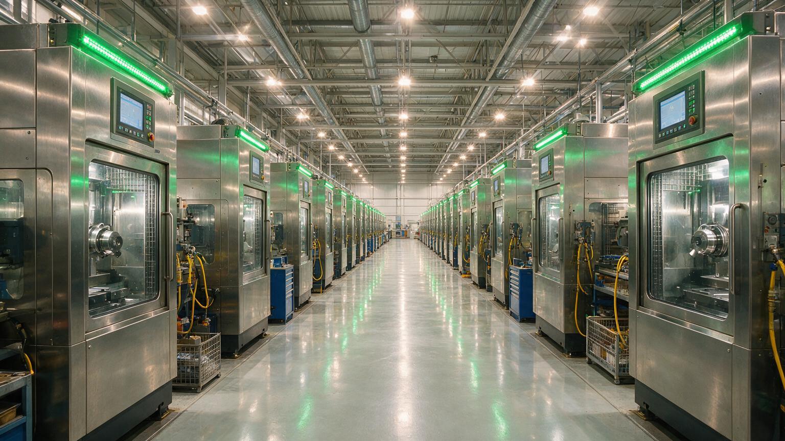 Corridor between rows of CNC machining centers