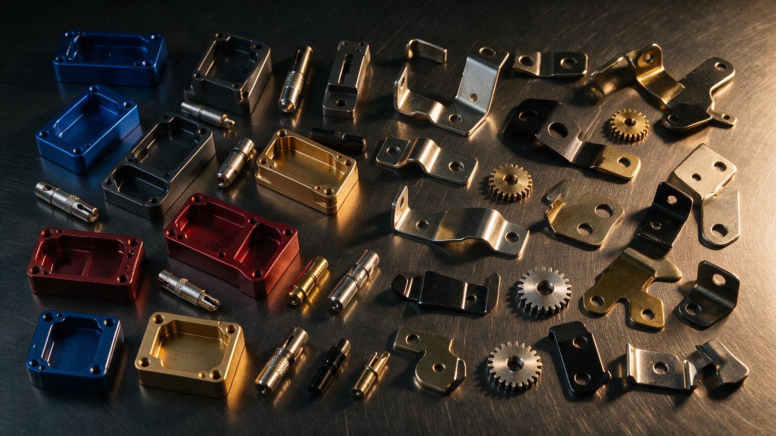 Grid of precision machined metal parts arranged in rows