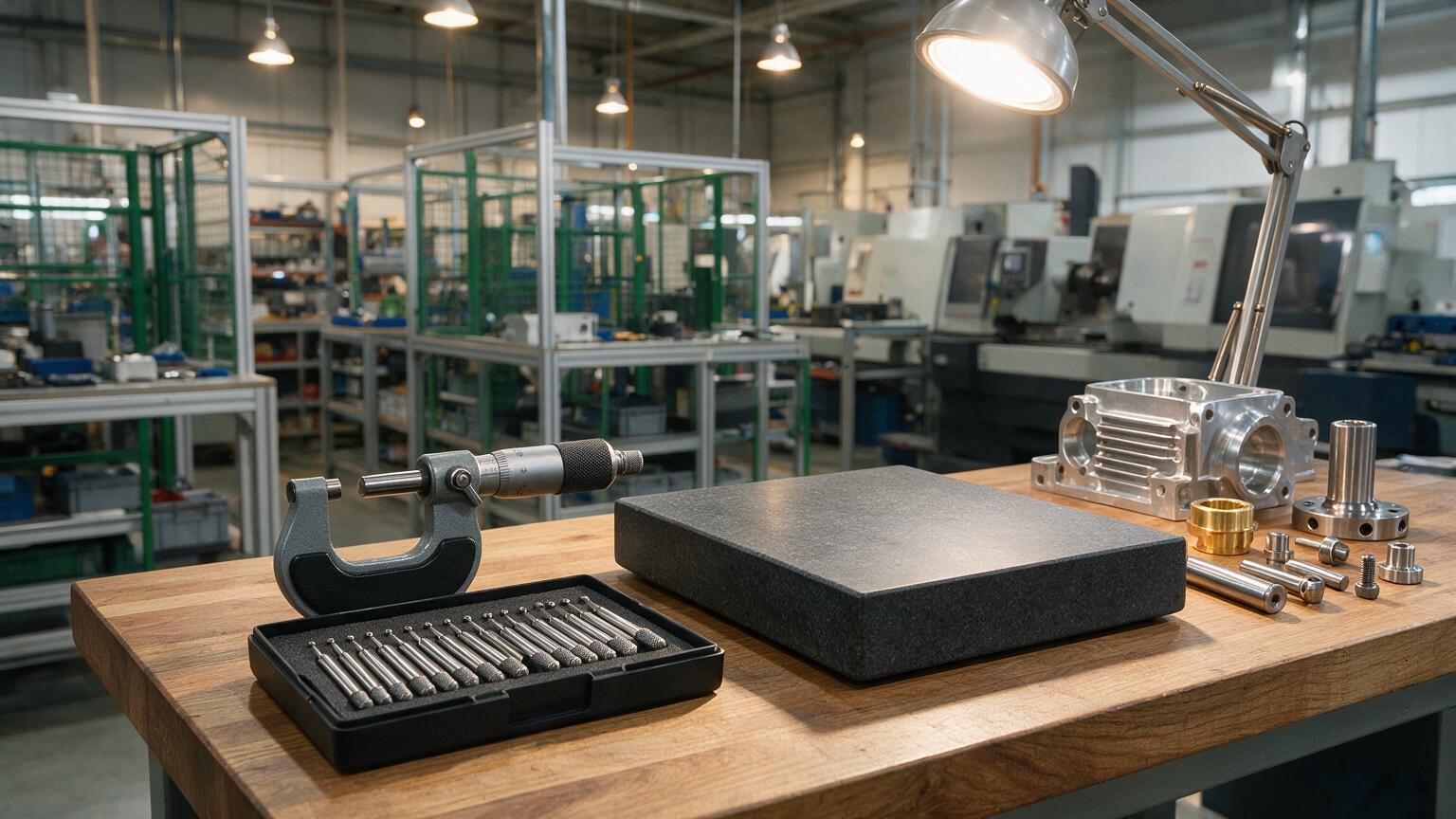 Inspection bench with micrometers and pin gauges