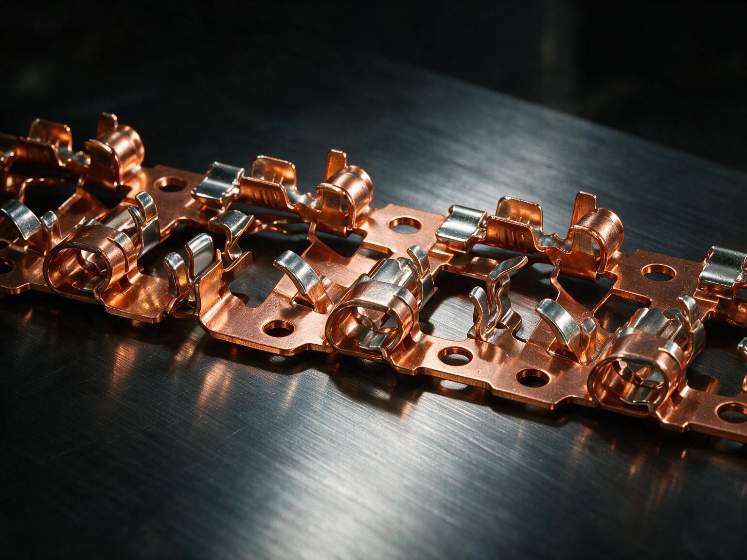 Strip of precision stamped copper electrical terminals