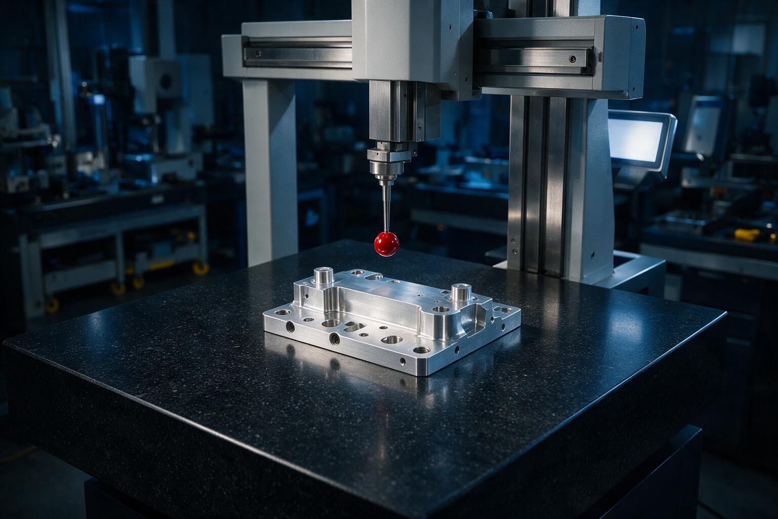 Coordinate measuring machine probing a precision machined aluminum part
