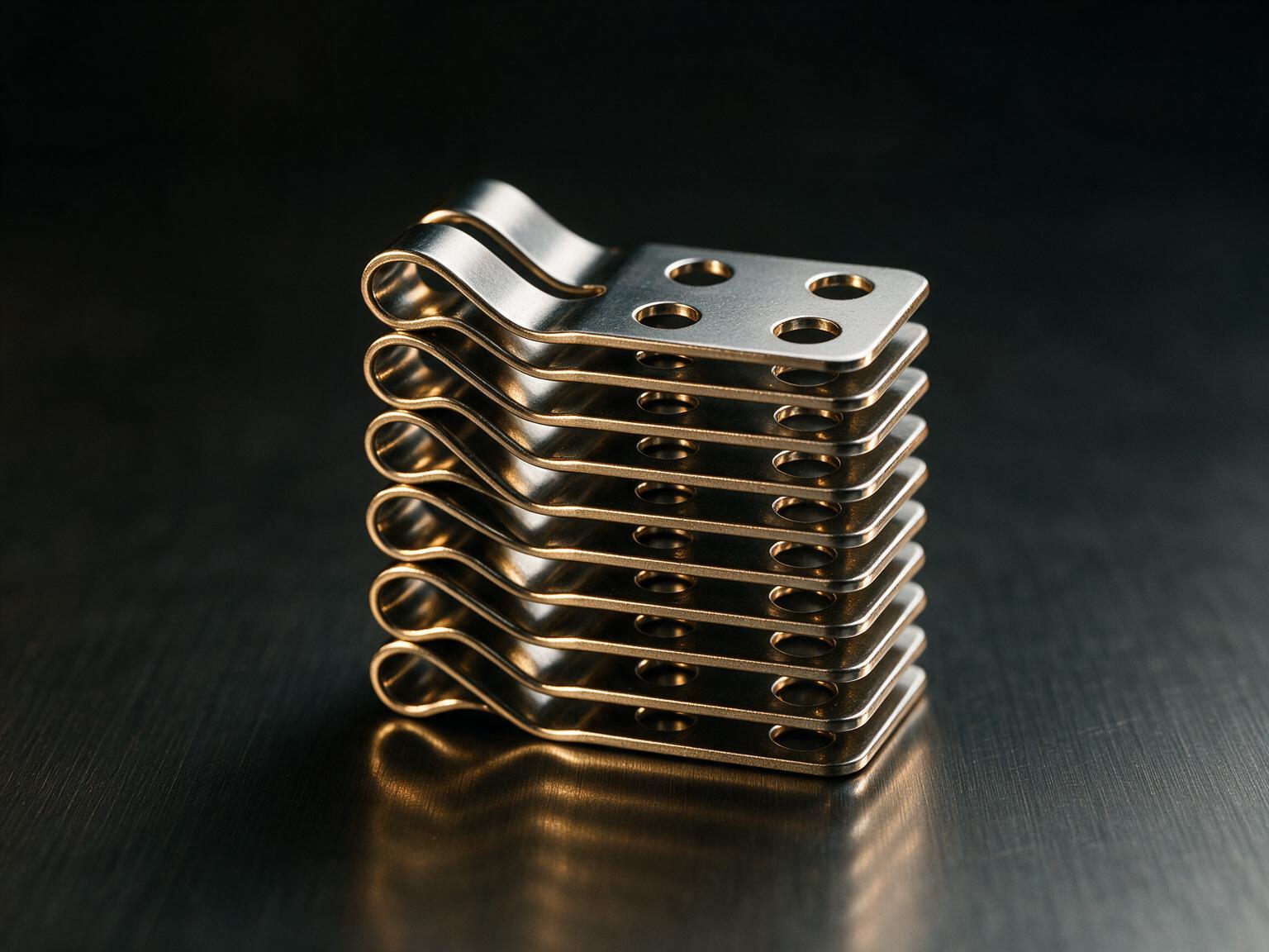 Stack of precision stamped stainless steel spring clips